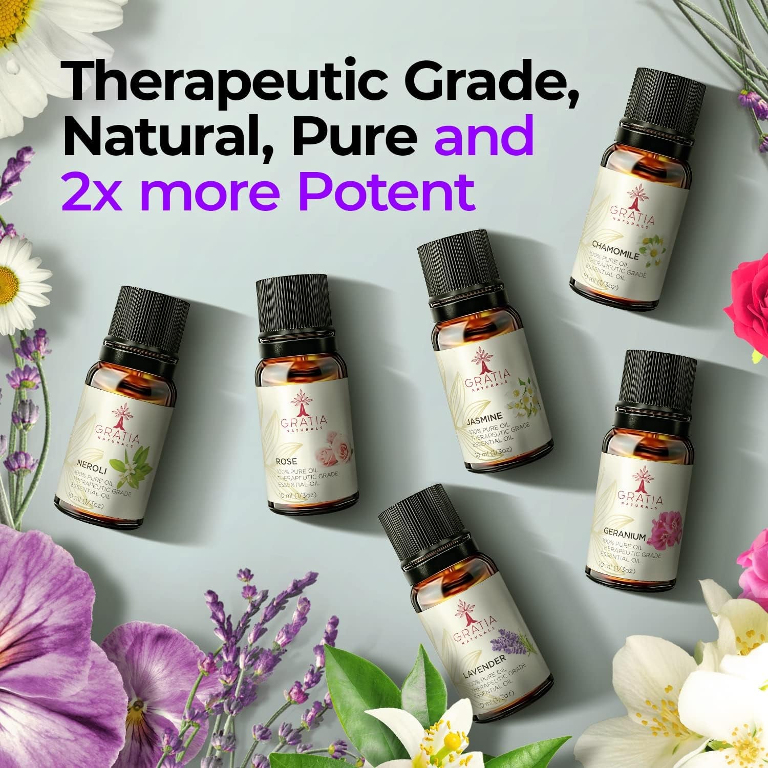 Essential Oil Set of 6 – 100% Pure Floral Essential Oils for Diffusers for Home, Rose, Lavender, Chamomile, Jasmine, Geranium, Neroli - Therapeutic Grade Aromatherapy Oils, 60Ml Pack