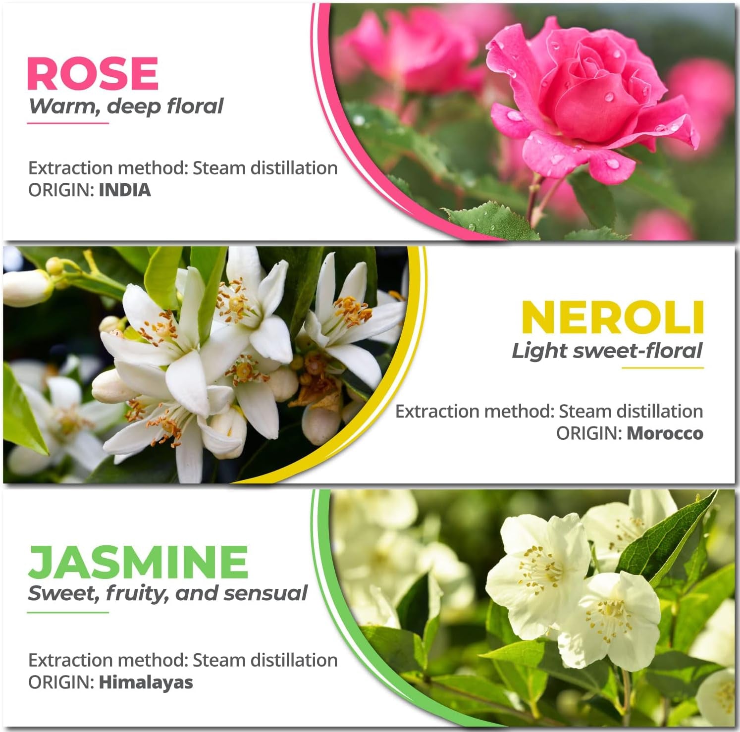 Essential Oil Set of 6 – 100% Pure Floral Essential Oils for Diffusers for Home, Rose, Lavender, Chamomile, Jasmine, Geranium, Neroli - Therapeutic Grade Aromatherapy Oils, 60Ml Pack