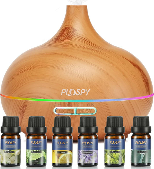 Diffuser with Essential Oils Included, 550Ml Essential Oil Diffuser & Essential Oils Set Cool Mist Humidifier, Ultrasonic Aromatherapy Diffuser Auto Shut-Off, 4 Timer & 7 Light for Office Home (Brown)