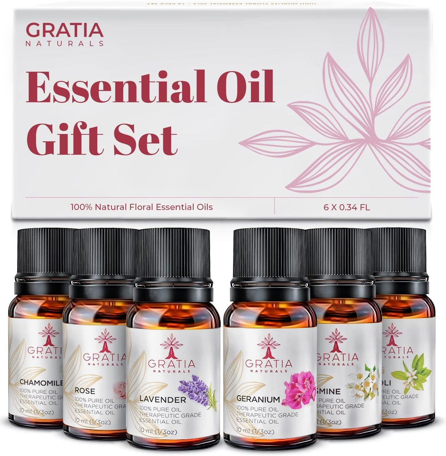 Essential Oil Set of 6 – 100% Pure Floral Essential Oils for Diffusers for Home, Rose, Lavender, Chamomile, Jasmine, Geranium, Neroli - Therapeutic Grade Aromatherapy Oils, 60Ml Pack