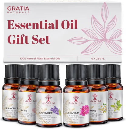 Essential Oil Set of 6 – 100% Pure Floral Essential Oils for Diffusers for Home, Rose, Lavender, Chamomile, Jasmine, Geranium, Neroli - Therapeutic Grade Aromatherapy Oils, 60Ml Pack