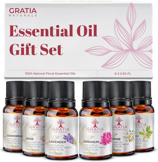 Essential Oil Set of 6 – 100% Pure Floral Essential Oils for Diffusers for Home, Rose, Lavender, Chamomile, Jasmine, Geranium, Neroli - Therapeutic Grade Aromatherapy Oils, 60Ml Pack