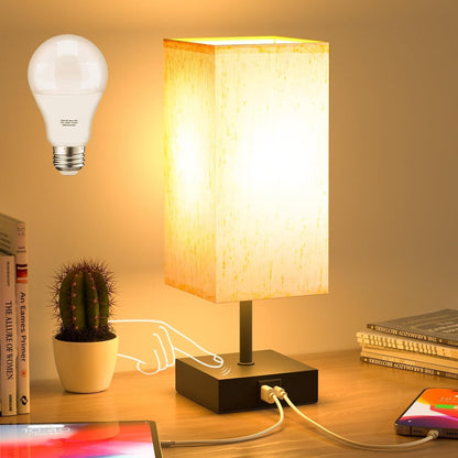 Bedside Lamp, Touch Control Table Lamp for Bedroom, Small Nightstand Lamp with 3 Way Dimmable, USB-C + a Ports for Bedroom, Home Decor, Living Room, LED Bulbs Included, Upgraded Fabric Shade